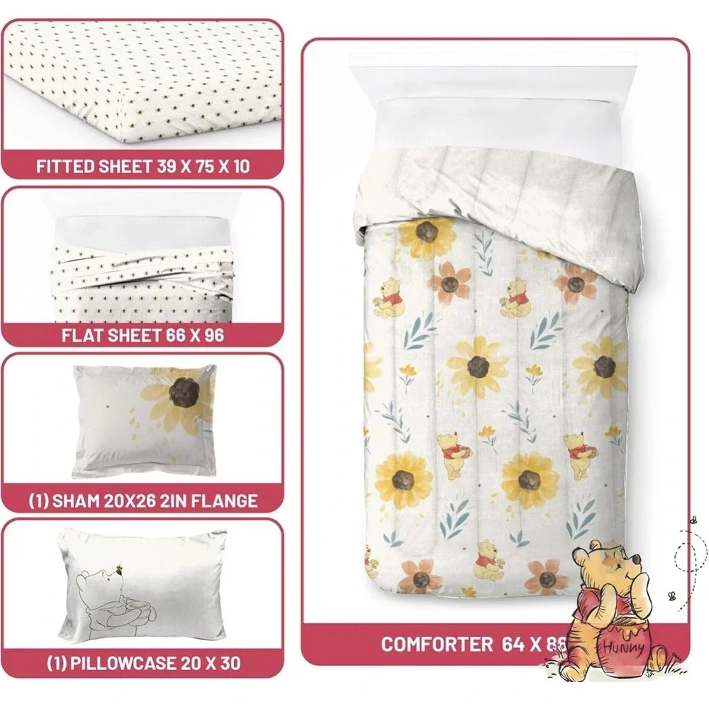 Winnie the Pooh Floral Kids 5 Pc Twin Bed Set Sheets Pillowcases Comforter